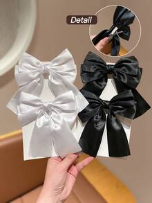 2个装女士甜美双层蝴蝶结扁平鸭嘴夹，多功能缎面发夹，日常发型配饰，不伤发 - 彩色 - 查看 4