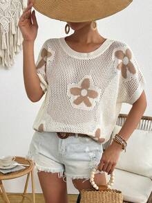 花卉镂空落肩圆领女式背心，时尚休闲优雅甜美风格轻盈夏季服装 - 奶油色 - 查看 4