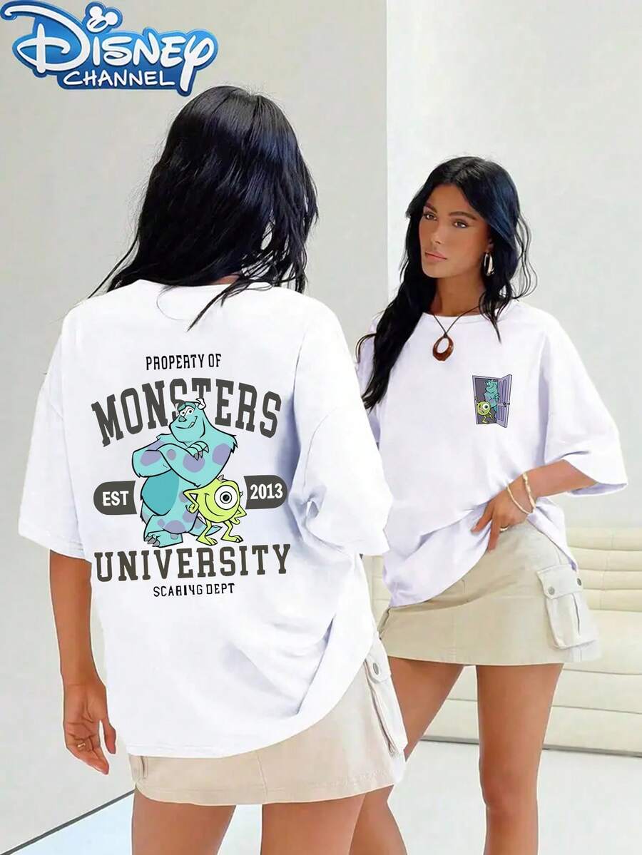Disney's "Monsters University" Cartoon Printed Ladies' T-Shirt-Breathable Light Round Neck Casual T-Shirt, Regular Version Of Summer Street Clothing, With Disney Character Printing, Disney Short Sleeves, Summer Women's Clothing. - 白色 - 查看 1