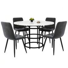 Dining Room Set (5 Pieces), Table And 4 Chairs, Kitchen Table Set, Round Table 100 Cm In Diameter, White MDF Top, Grey Velvet Dining Chair - Black - View 5