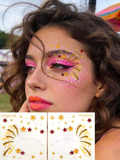 1张眼部宝石贴纸 - 半眼星星和闪亮水钻贴纸，自粘式面部宝石，适用于眼妆、节日和派对，易于使用和重复使用，非常适合为眼部妆容增添光泽，也适用于音乐会和角色扮演。