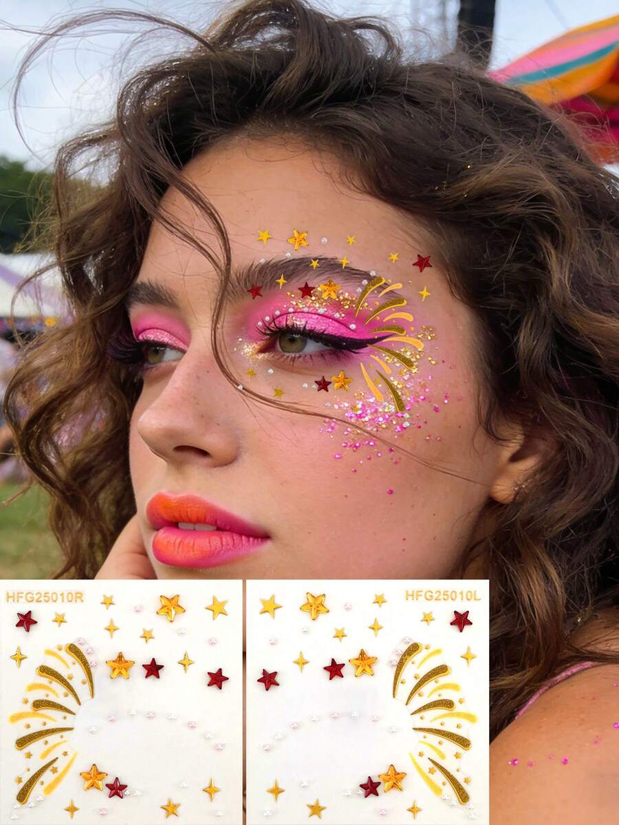 1张眼部宝石贴纸 - 半眼星星和闪亮水钻贴纸，自粘式面部宝石，适用于眼妆、节日和派对，易于使用和重复使用，非常适合为眼部妆容增添光泽，也适用于音乐会和角色扮演。