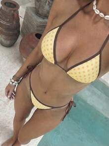 女士比基尼泳装，条纹、波点、纯黄色，休闲泳装，内置胸罩吊带背心上衣，适合度假、海滩，优雅套装，适合女士派对、度假村、都市海滩之旅，波西米亚风格，春夏海滩装 - 黃色 - 查看 2