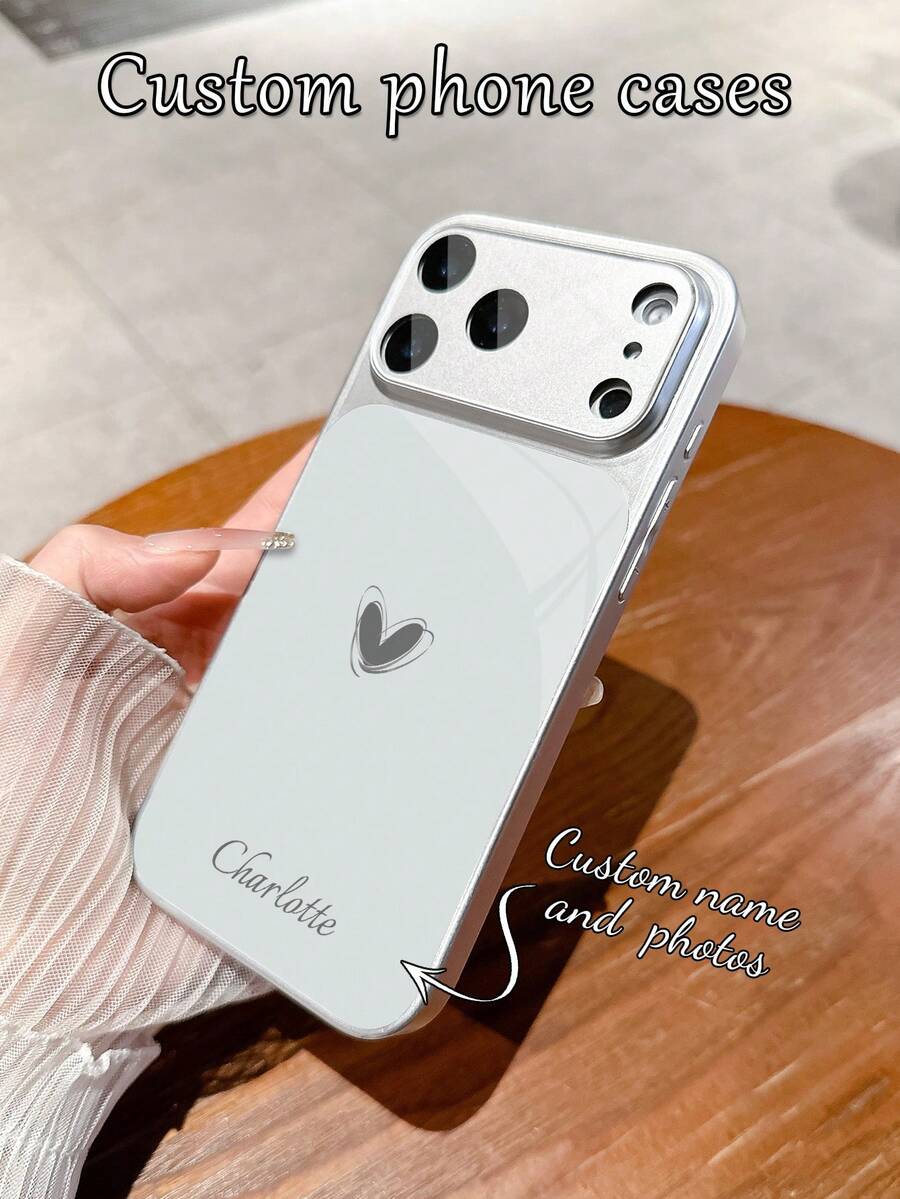 1pc Customized Name, Minimalist Heart Design, Luxury Fashion Large View Window Tempered Glass With Lens Protection Matte Anti-Drop Phone Case, Compatible With IPhone 17/17Pro/17ProMax/17Air/16/16Pro/16ProMax/16Plus/15/15Plus/15Pro/15ProMax/14/14Plus/14Pro/14ProMax/13/13Pro/13ProMax/12/11 Phone Accessories, Full Coverage Premium Protection - Silver - View 1