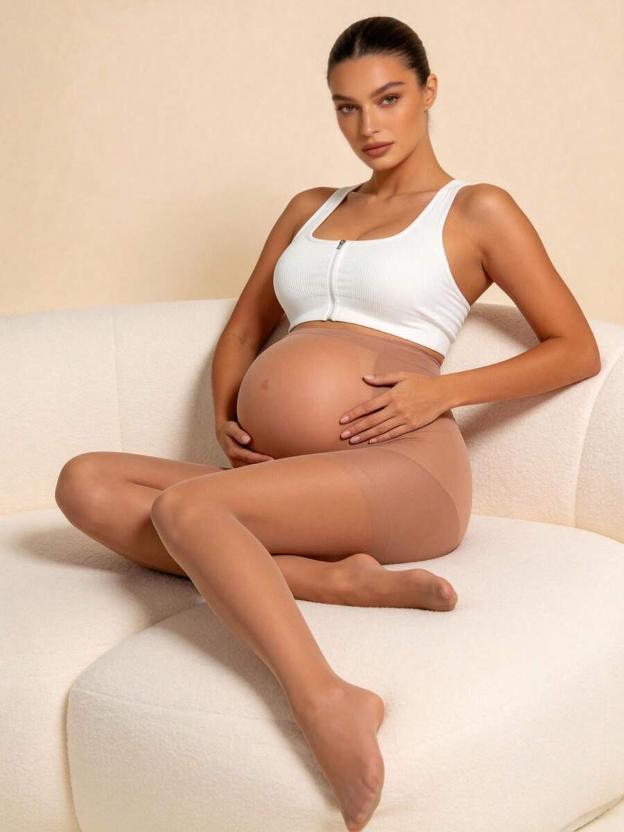 Hart & Haze 1pc Skin-Tone Semi-Transparent Maternity Pants, Soft Belly Support & Lift Design, Suitable For Early, Middle, Late Pregnancy And Postpartum, Comfortable For Home & Leisure Wear - Apricot - View 1