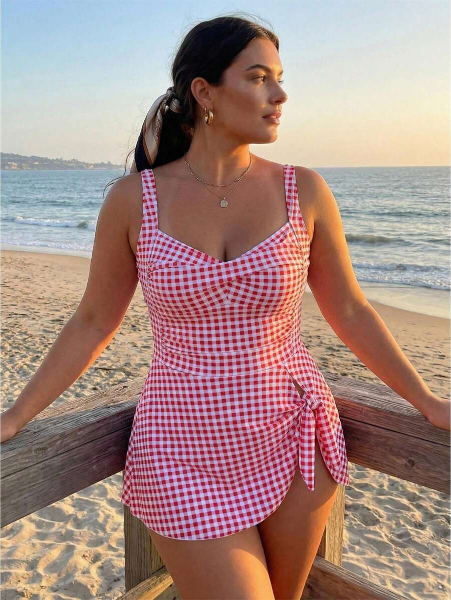 Women's Swim Dress Stylish Solid Color Or Plaid Sleeveless Sweetheart Neck Spaghetti Strap Bathing Suit For Beach Pool - 紅色 - 查看 1
