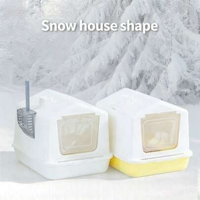 Casa de nieve acogedora para caja de arena de gato, caja de arena con capucha cerrada con cajón extraíble y pala para arena, diseño de control de olores y anti-desorden para gatos de interior