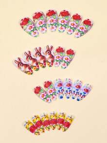 24pcs Medium Square Fake Nails With Rabbit & Flower Pattern, Pink Nail Art Stickers, Suitable For Women, Easter Themed - Multicolor - View 3