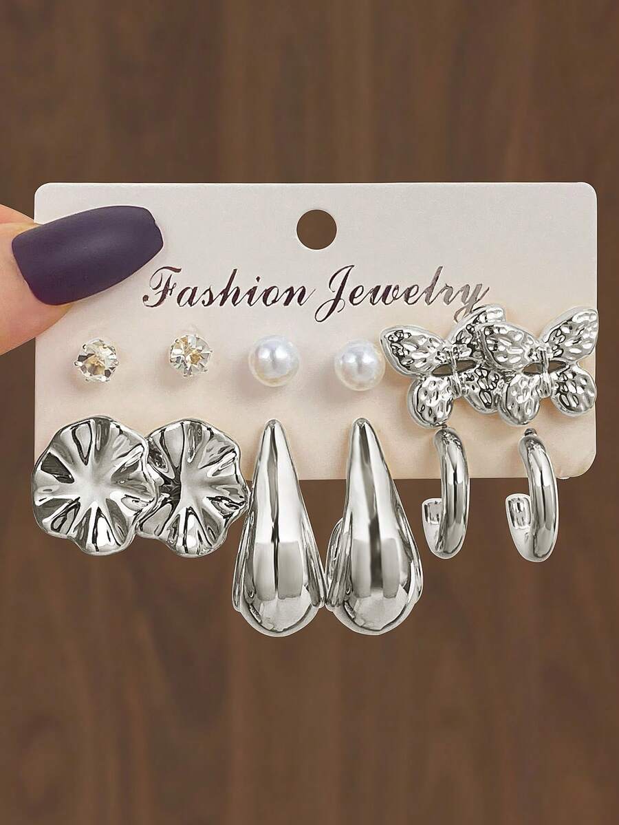 Set de 12 piezas de aretes en forma de C con diamantes de imitación y perlas 2026, diseño de lujo minimalista y único, adecuado para uso diario - Plateado - Ver 1