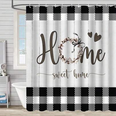 1pc Fashionable And Simple Grid Letter Shower Curtain, Modern And Simple Grid Splicing Printed Shower Curtain, Very Suitable For Bathroom Decoration, Universal Room Decoration, Home Decoration, Bathroom Accessories Bathtub Curtain Shower Curtain