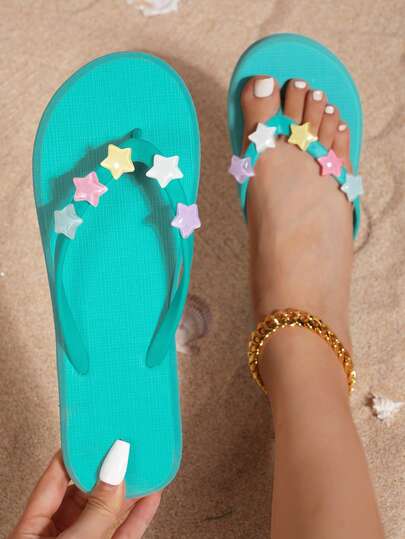 Women's Fashion Flat Flip Flops, Cute Star Decor Light Blue Lightweight Comfortable EVA Slippers, Outdoor Thong Sandals Suitable For Casual, Beach, Travel, Swimming And Holiday, Non-Slip