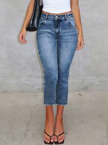 Jeans pitillo de talle 7/8 desgastados con lavado claro, pantalones lápiz elásticos para uso casual y diario en verano - Azul lavado oscuro - Ver 6