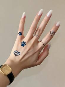 极简心形爪印草本汁半永久魔法纹身贴纸，细线临时纹身，7-14天防水不反光纹身贴纸，仿真纹身，1张 - 藍色 - 查看 2