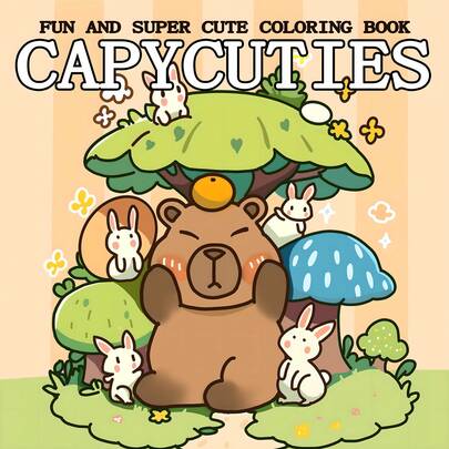 GDTME 1本成人涂色书，封面是一只头顶橘子、周围环绕着兔子的水豚，画风柔和可爱，充满治愈气息；内页包含多幅水豚日常生活素描，例如在厨房烘焙、户外野餐、在卧室里酣睡、骑着小型电动滑板车去买咖啡以及送信等。