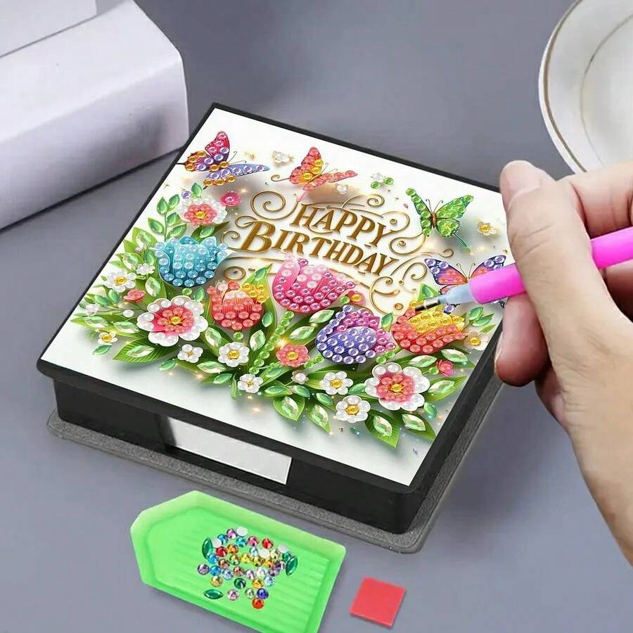 1pc DIY Diamond Art "Happy Birthday" Pattern, Asymmetrical Diamond Mosaic Painting On Black Faux Leather Self-Adhesive Memo Pad Box With 160 Sheets, Ideal For Home, Office And School Supplies, Craft, Cute Stationery, Holiday Gift - View 1