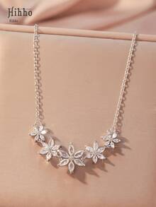 Hihho 2pcs Set Cubic Zirconia Flower Layered Necklace, Silver Plated Luxury Minimalist Design Collarbones Chain Set, Featuring Arched Floral Collarbones Chain With Scattered Cubic Zirconia Stones And Simple Snake Chain With Round Pendant - Necklace Set - View 3