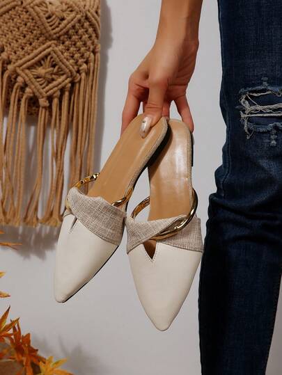 Beige Flat Mule Shoes With Metal Strap, Hollow-Out Pointed Toe Slip-On Backless Shoes, Women's Spring/Autumn New Casual Loafers, Elegant Driving Shoes For Office Commute
