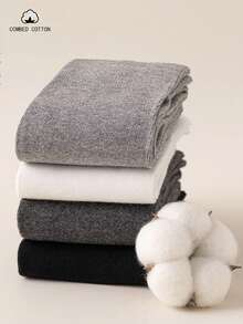 1/2/4 pares de calcetines sin pies de canalé doble sólido, calentadores de piernas de algodón peinado transpirable para primavera y otoño - Multicolor - Ver 3