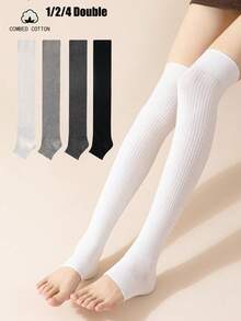 1/2/4 pares de calcetines sin pies de canalé doble sólido, calentadores de piernas de algodón peinado transpirable para primavera y otoño - Multicolor - Ver 6