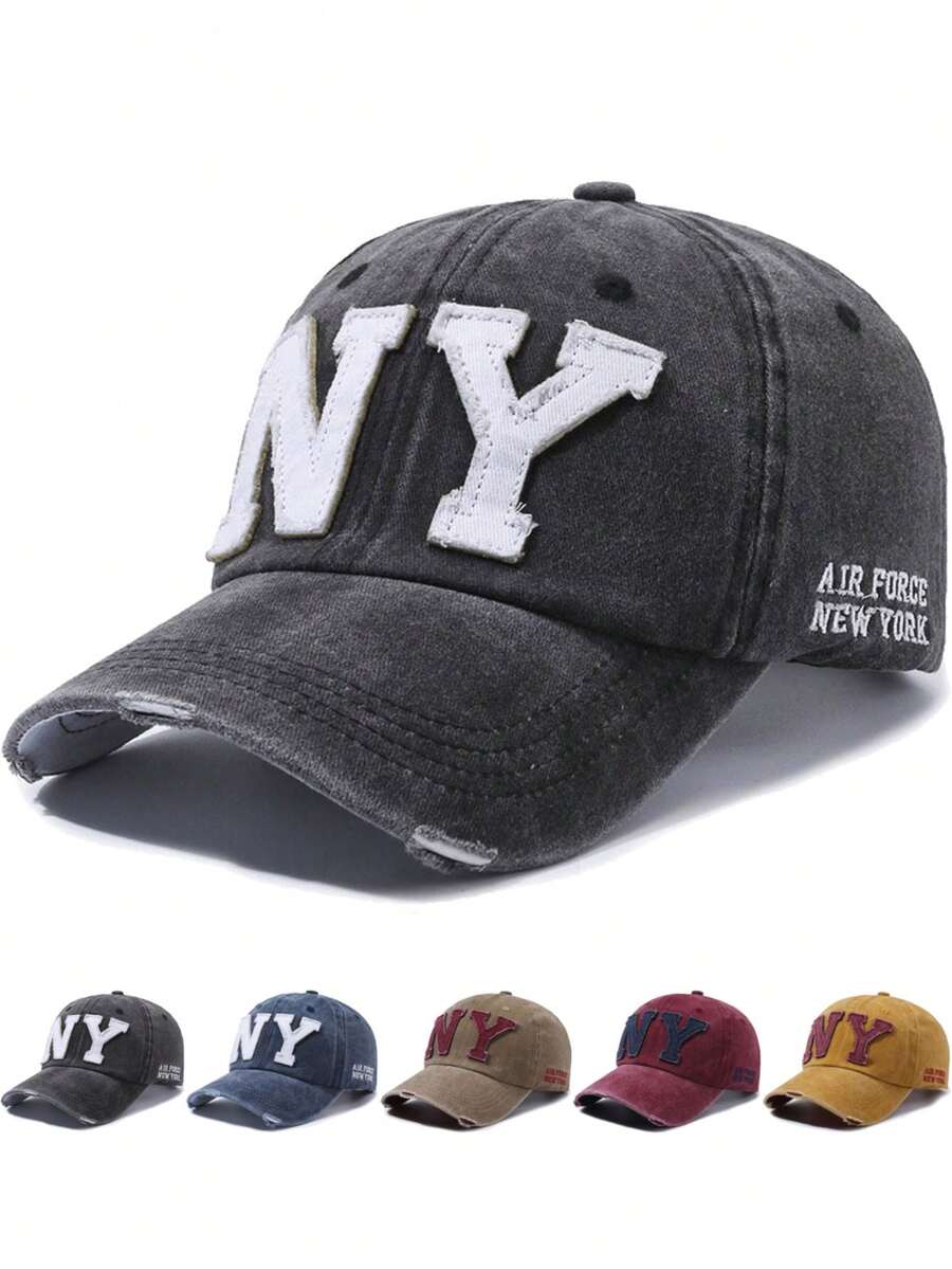 1件/2件刺繡NY棒球帽，中性款，戶外可調節休閒做舊軟頂帽，適合旅行海灘度假，彎帽簷 - 彩色 - 查看 1