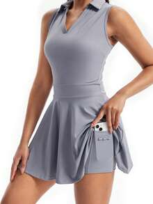 Plain Fitness Dress With Polo Collar And Built-In Shorts With Comfortable Pocket - 灰色 - 查看 10