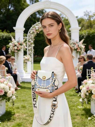 1pc 2026 Classic Fashion Color Block Multifunctional Solid Color Shoulder Bag, PU Material Design With Pearl Pendant Decor And Zipper Closure, Ideal Women's Commuter Bag Suitable For Shopping, Travel, Wedding And Other Occasions