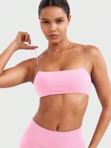 VOYJOY Women Spaghetti Strap Sports Bra Padded Low Support Seamless Impact Cami Square Neck Workout Yoga Bra Crop Top - 粉色 - 查看 5