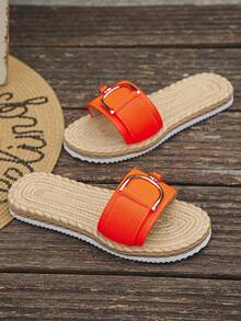 Women's Metal Buckle Faux Rope Sole Comfortable Lightweight Flat Sandals, Vacation Style Summer Daily Wear Beach Play Orange Slippers Plus Size - Orange Vertical Stripes - View 8