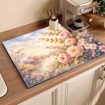 1pc Absorbent Drying Mat, Romantic Floral Pattern, Kitchen Decor, Coffee Machine Mat, Handmade Coffee Pot Draining Pad, Kitchen Floor Mat, Dining Table Mat, Kitchen Counter Dish Drying Mat, Breakfast Mat, Heat-Resistant Anti-Slip Draining Mat, Diatomite Draining Mat, Hides Stains, Super Absorbent Kitchen Mat, Easy To Clean Dish Rack Mat, Suitable For Kitchen, Dining Table, Coffee Shop, Bar, Holidays, Parties, Home Decor, Holiday Gifts