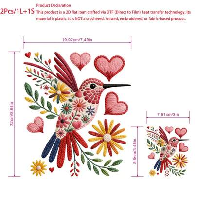 1/2/3 Pieces Of Colorful Bohemian Hummingbird Iron - Patch -2D Flat Non Synthetic Silk Crochet DIY Transfer Film, Suitable For T-Shirts, Hats, Bags, Retro Hats - Machine Washable DTF Ironing - Men's And Women's Clothing Decoration, 2D Flat