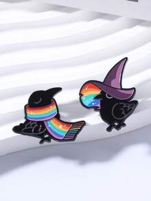2pcs Rainbow Crow Enamel Pin Set, Including A Black Crow Wrapped In Rainbow Gradient Glitter Scarf And A Black Crow Wearing A Purple Wizard Hat Spitting Rainbow, Suitable For LGBTQ+ Community Members, Dark Aesthetics Enthusiasts, Rainbow Culture Fans, And Self-Expression Advocates - Multicolor - View 9