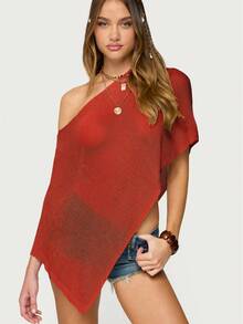 Women Sheer Mesh Poncho Top Crochet Knit Lightweight See Through Shawl Wrap Summer Oversized Loose Shrug Beachwear Swimsuit Bikini Cover Ups - 紅木色 - 查看 3