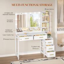 HaluPeit 110 Cm Dressing Table With LED Lights, Vanity Table With Large Mirror, 3 Light Colors, Adjustable Brightness, Makeup Desk, 5 Drawers, Open Compartments, White, Modern - 查看 2