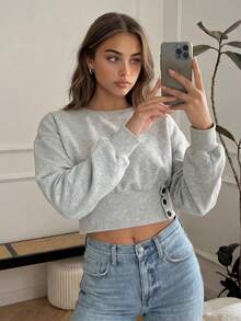 2026 New Simple Classy Young Lady Casual Solid Color Round Neck Long Sleeve Sweatshirt, Summer Casual Pullover Knit Top, Women Spring Clothing, Women's Holiday Party Top, Women Beach Outfit, Women Elegant Summer Vacation Wear - Grey - View 5