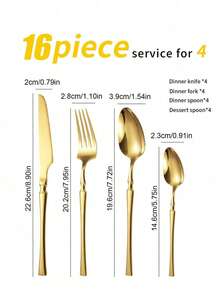 4/16/24pcs Golden Cutlery Set With Slim Waist,Stainless Steel Flatware Set, Waist Design Knife Fork Spoon Dessert Spoon,Reusable Tableware Set,Ideal For Home Kitchen,Restaurants,Hotel,Wedding,House-Warming,Party, Kitchen Supplies,Christmas Gifts - Gold - View 9