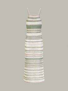 Vivid Style Sexy Hollow Out Sleeveless Fitted Striped Knit Beach Dress, Suitable For Summer Vacation, Christmas, New Year Spring - Mint Green - View 4