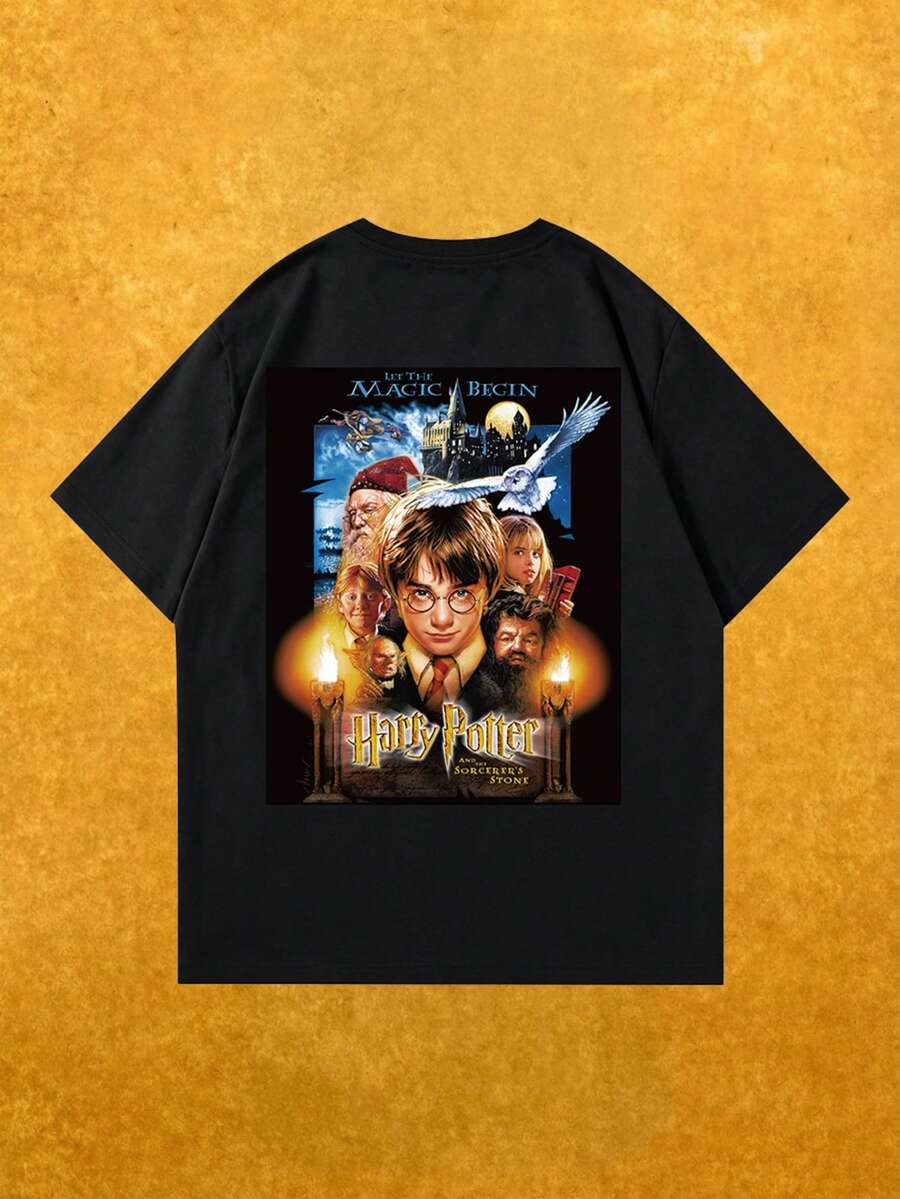 Whysmera SHEIN X Harry Potter 女款時尚休閒短袖T恤,可愛卡通角色與獅鷲印花,透氣,復古漫畫風格派對穿搭 - 黑色 - 查看 1