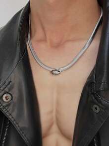 1 pieza Gargantilla minimalista de tono plateado de acero inoxidable en espiga, colgante ovalado pulido, adecuado para atuendos diarios y casuales - Plateado - Ver 1