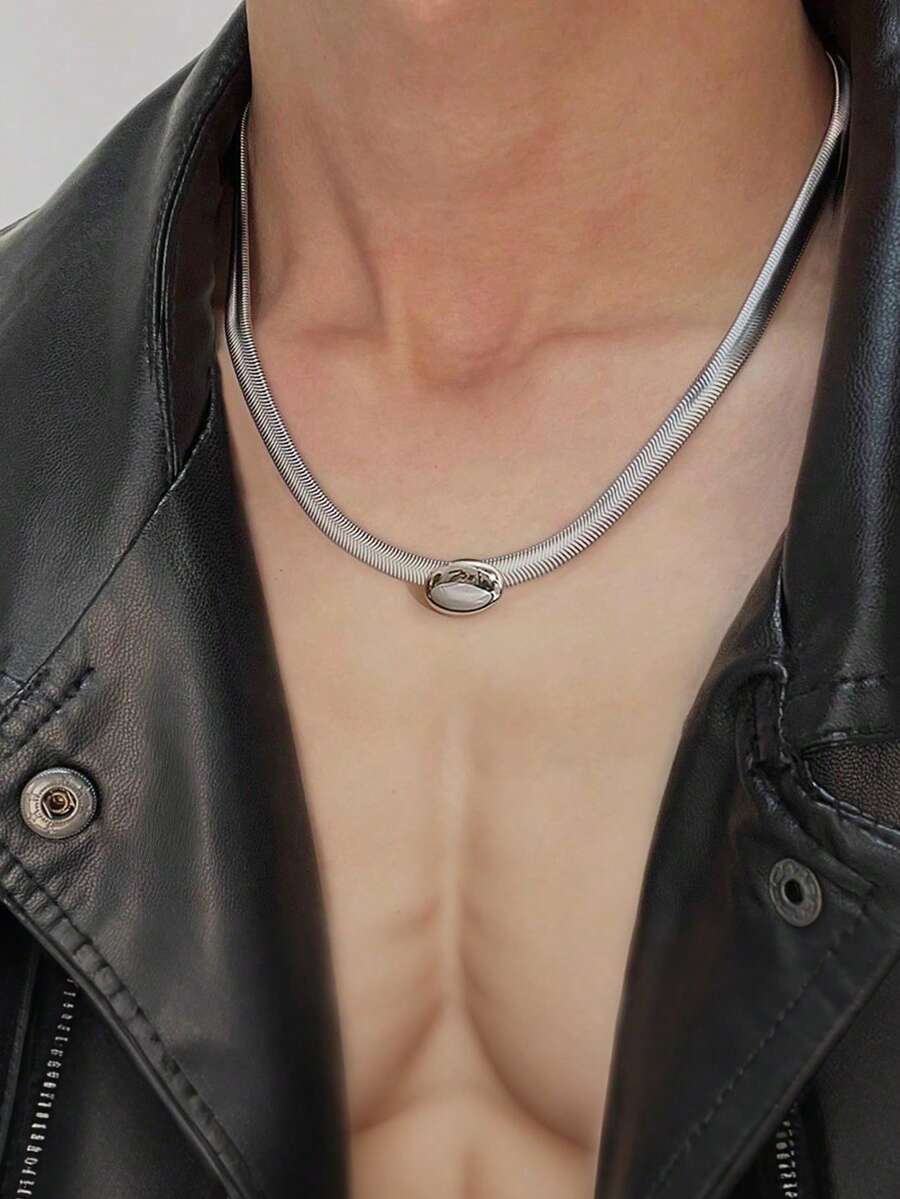 1 pieza Gargantilla minimalista de tono plateado de acero inoxidable en espiga, colgante ovalado pulido, adecuado para atuendos diarios y casuales - Plateado - Ver 1