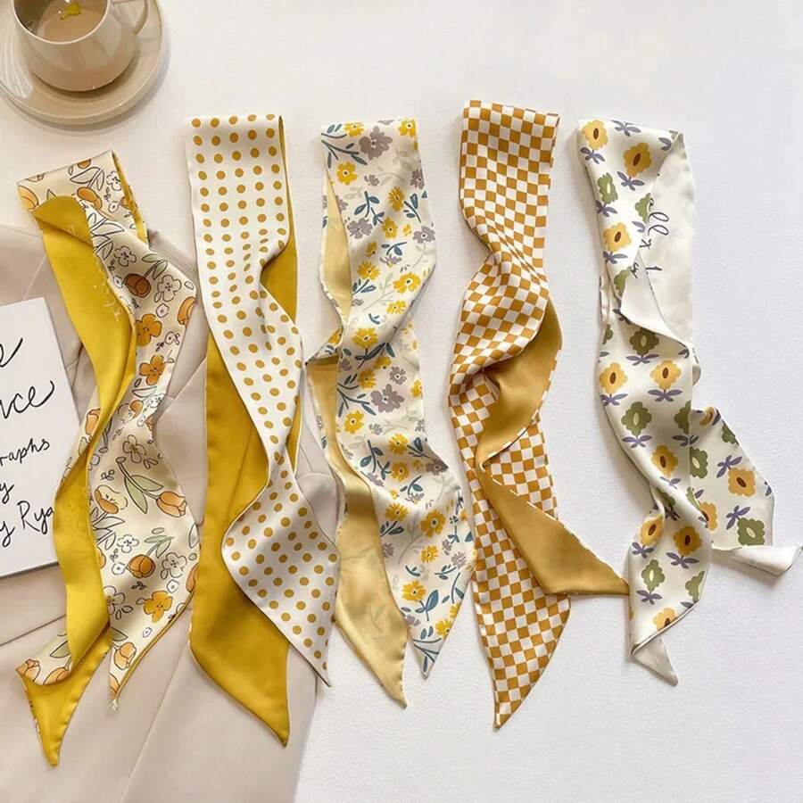 Yellow Pastel Color Multifunctional Decoration Small Silk Scarf, Women's French Hair Collar Scarf Bag Accessories - 鬱金香 - 查看 1