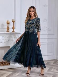 JINLICX Falda plisada con decoración de perlas y escote en V azul zafiro talla grande - azul real - Ver 2