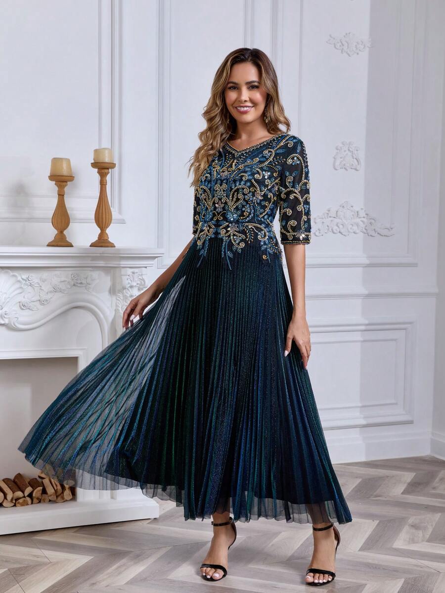 JINLICX Falda plisada con decoración de perlas y escote en V azul zafiro talla grande