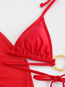 3pcs Set Women Velentines Hibiscus Red Swimwear Summer Days From Poolside To Beachside, Basic Elegant Bikini Floral Decor Coverups Sarong Beachwear - 紅色 - 查看 8