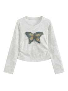 韩版女士蝴蝶刺绣V领修身长袖短款上衣，秋冬休闲白色春季款 - 白色 - 查看 5