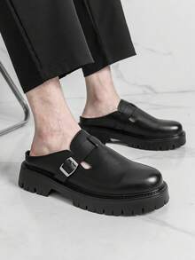 Men's Round Toe Derby Slip-On Loafers, Minimalist British Retro Style Thick Sole Leather Mules Shoes, Summer - Black - View 4