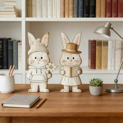 复活节木制兔子摆件，北欧风格木制工艺品，家居装饰兔子摆件，适合家居、办公室、客厅、卧室装饰，是馈赠亲朋好友的理想节日礼物。