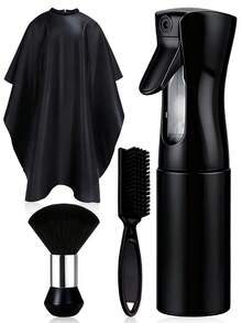 4pcs/Set Haircutting Tool Kit, Including Haircutting Cape, Spray Bottle, Hair Brush, Neck Brush With Soft Nylon Bristles, Suitable For Home And Professional Salon Use - Black - View 1