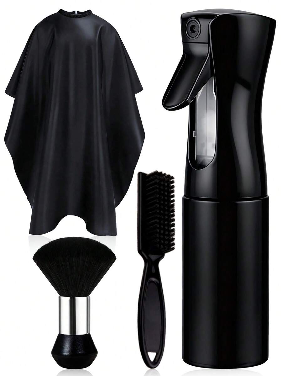 4pcs/Set Haircutting Tool Kit, Including Haircutting Cape, Spray Bottle, Hair Brush, Neck Brush With Soft Nylon Bristles, Suitable For Home And Professional Salon Use - Black - View 1