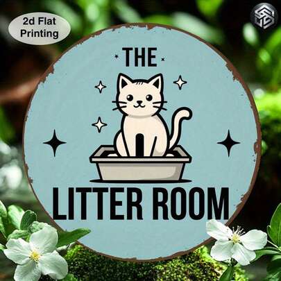 1pc Cat Litter Box Sign - Round, Blue And White With Distressed Edges, Wall Hanging Metal Art, Suitable For Home, Dorm, Bar, Cafe, Pool, Garden Decor - Handmade Cute Cat In Bowl Design