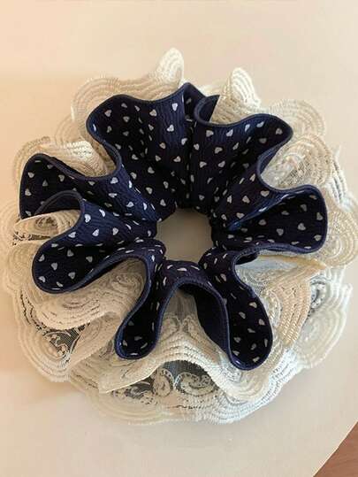 1pc Navy Blue Heart Lace 4-Layer Scrunchie, Korean Style Elegant Hair Tie, Hair Rope, Hair Elastic